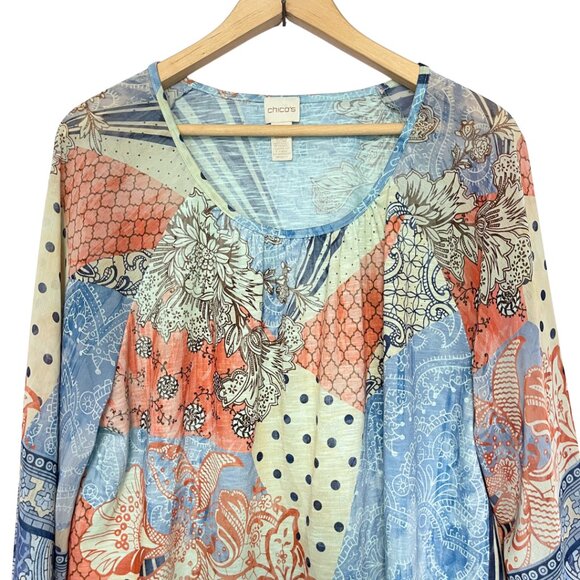 Chicos Boho Kimono Sleeve Top Womens Size 3 Blue Mix Print Lightweight Ethereal - Picture 3 of 12